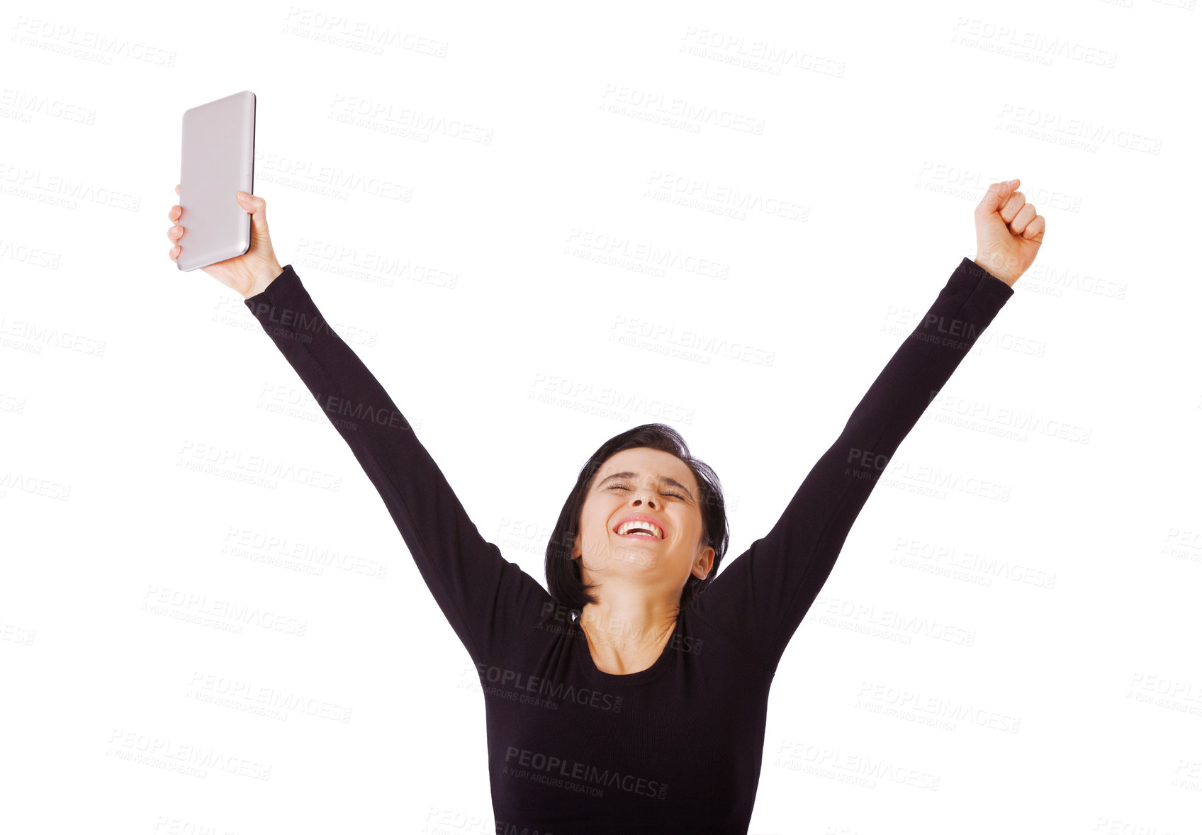 Buy stock photo Business, arms raised and woman with tablet, celebration and happiness isolated on a white studio background.  Person, employee and achievement with tech and excited with giveaway, prize and email