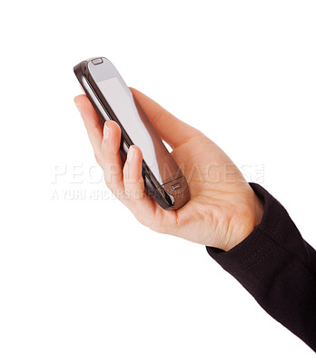 Buy stock photo Cropped shot of an unrecognizable woman using her smartphone against a white background