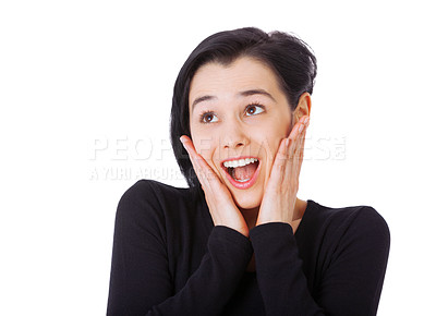 Buy stock photo Happy, shocked and surprise with woman, announcement and person isolated on white studio background. Emoji, model or girl with news or mockup space with facial, wow or omg with deal or giveaway prize