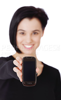 Buy stock photo Hand, phone and communication with woman closeup in studio isolated on white background for networking. Contact, mobile and screen with happy person holding technology device or smile for marketing