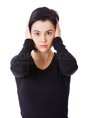Buy stock photo Portrait, loud and woman covering ears, stress and person isolated on a white studio background. Face, model and girl with sound or noise with problem and frustrated with sensitivity and panic attack