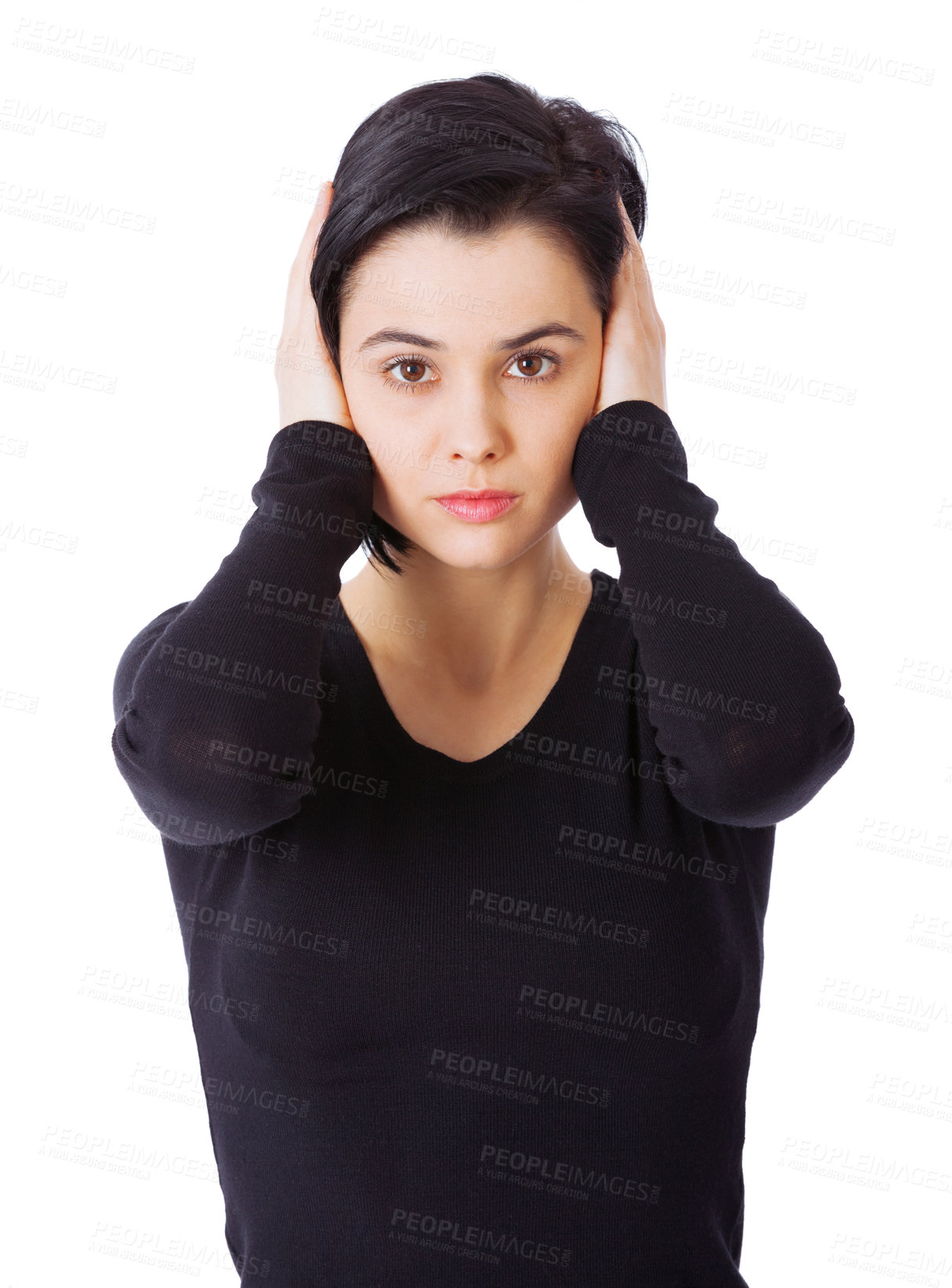 Buy stock photo Portrait, loud and woman covering ears, stress and person isolated on a white studio background. Face, model and girl with sound or noise with problem and frustrated with sensitivity and panic attack