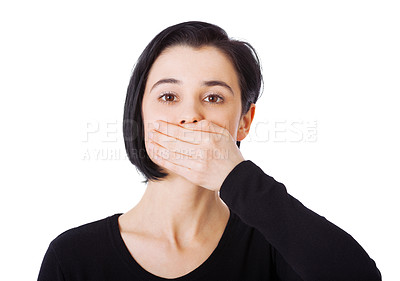 Buy stock photo Portrait of a young woman covering her mouth against a white background