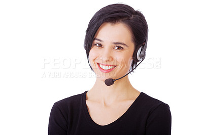 Buy stock photo Portrait of an attractive young woman wearing a headset against a white background