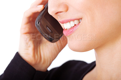 Buy stock photo Mouth, closeup and person with phone call for communication, contact and virtual chat. Cellphone, conversation and woman smile for easy connection with technology in studio or white background