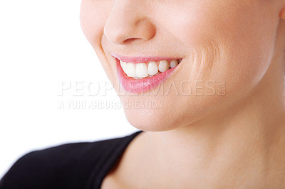 Buy stock photo Mouth, dental care and woman with smile with white background in studio, hygiene and clean teeth. Lips and girl happy with dentist for oral treatment, excited and health for wellness of person
