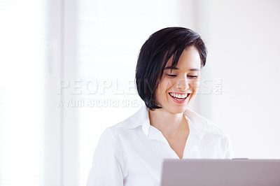 Buy stock photo Woman, business and laughing with laptop, internet and information while working as Market Research Analyst. Female person, employee and computer for browsing, online and happiness for product sales 