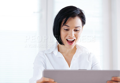 Buy stock photo Business, excited and woman with laptop, celebration and happiness with good news, email and prize. Person, employee and professional with computer and success with giveaway or smile with achievement