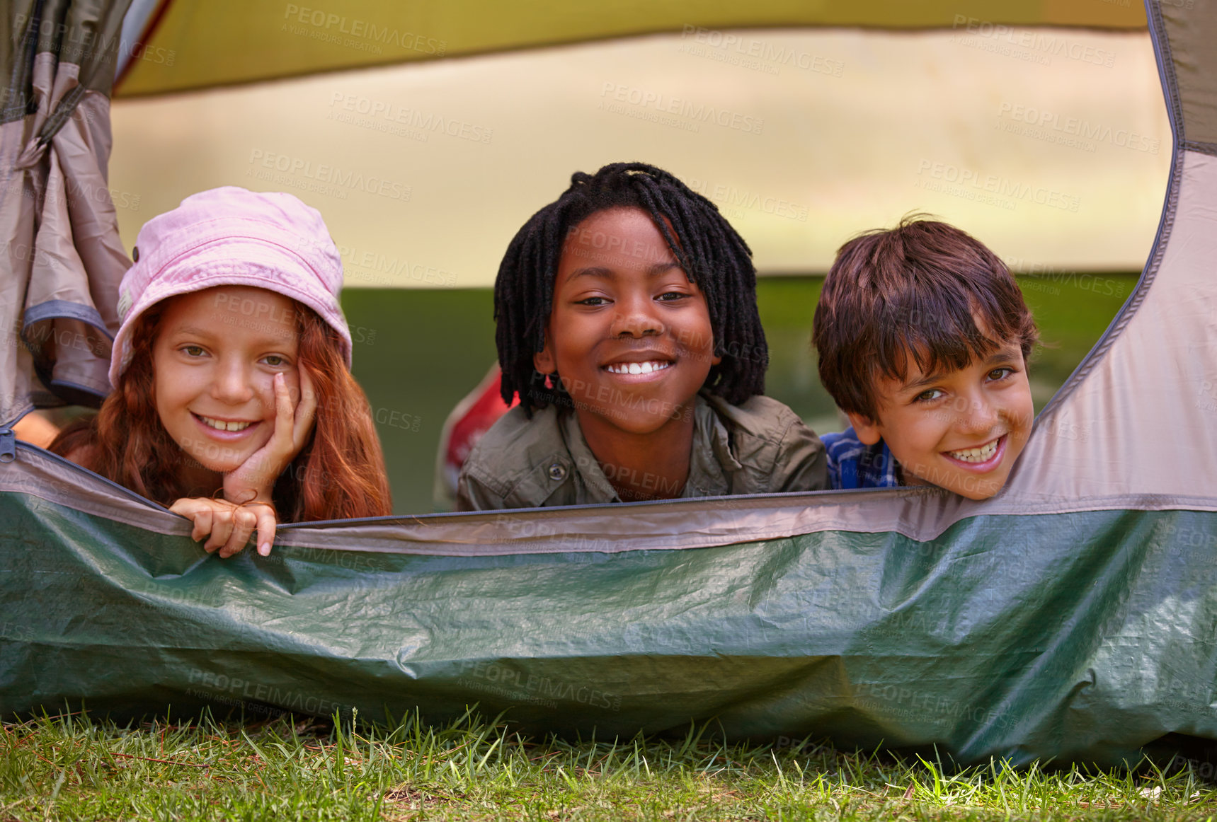 Buy stock photo Portrait, happy and children in tent for camp on vacation, adventure or holiday with fun. Smile, travel and young kids bonding together in outdoor field, forest or woods on summer weekend trip.