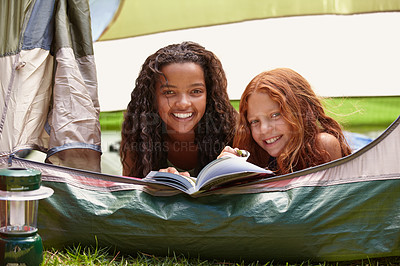 Buy stock photo Reading, smile and children in tent on camp with a book for literature entertainment together. Happy, friends and portrait of girl kids enjoying a novel or story for knowledge on holiday or vacation.