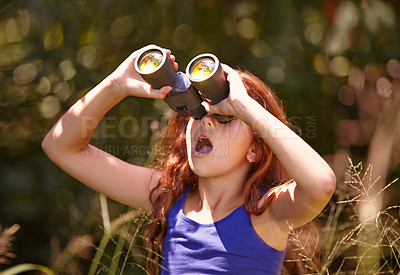 Buy stock photo Little girl, binoculars and nature for sightseeing, explore or outdoor vision in the woods. Young female person, child or teenager enjoying sight, adventure or bird watching and search in forest