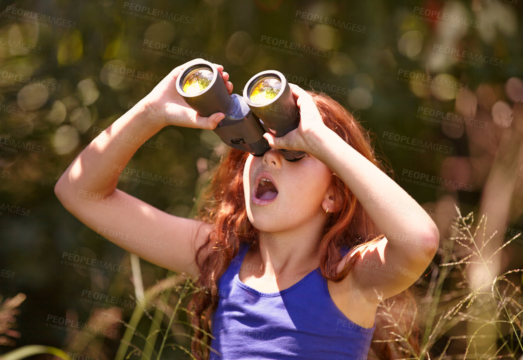 Buy stock photo Little girl, binoculars and nature for sightseeing, explore or outdoor vision in the woods. Young female person, child or teenager enjoying sight, adventure or bird watching and search in forest