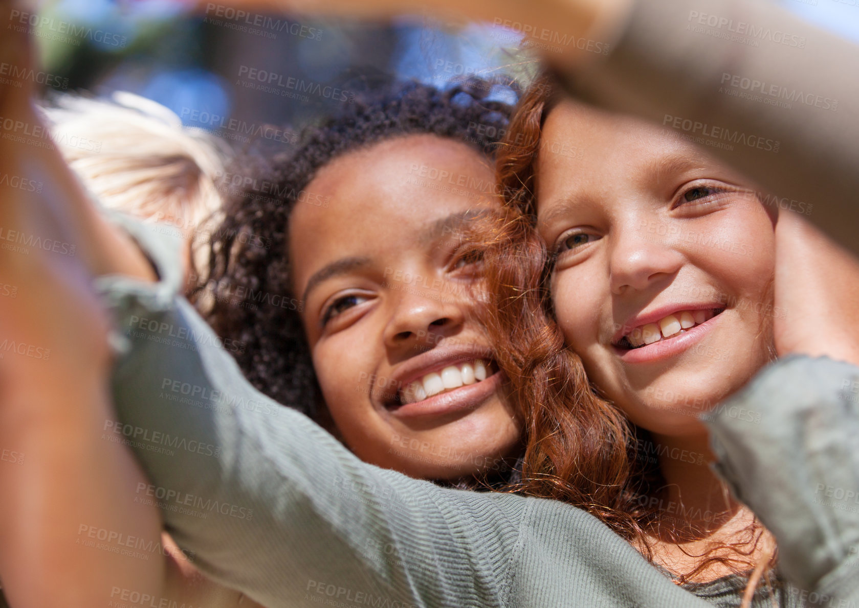 Buy stock photo Happy, face and children in selfie outdoor with memory of friends together on vacation. Girls, smile and children capture photography on holiday, adventure or casual moment outdoor in summer