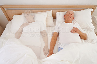 Buy stock photo Sleeping, ghost and senior man in bed, depression and ghost of wife or spouse in bedroom. Elderly male person, mental health and dream at home, spirit and haunted by lonely or past memory in nap