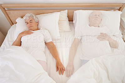 Buy stock photo Sleeping, ghost and senior woman in bed, depression and mourning of husband or spouse in bedroom. Elderly female person, mental health and dream at home, spirit and haunted by lonely or past memory