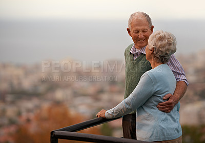 Buy stock photo Love, marriage and senior couple on balcony of home together with view of nature for romantic getaway. Smile, anniversary or bonding with happy elderly man and woman outdoor on holiday or vacation