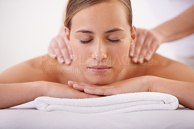 Buy stock photo Spa, face and woman or hands with massage for relax, luxury treatment and satisfaction with towel. Person, calm and masseuse for body care, pain relief and comfort with health, wellness and skincare