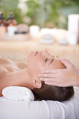 Buy stock photo Spa, head and woman or hands with massage for relax, luxury treatment and satisfaction with towel. Person, calm and masseuse for body care, pain relief and comfort with health, wellness and skincare