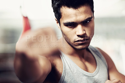 Buy stock photo Man, portrait and boxing with confidence, fight and fists ready to punch in match for training and exercise. Male person, workout and cardio in gym, mma and boxer for sports and combat in vest 