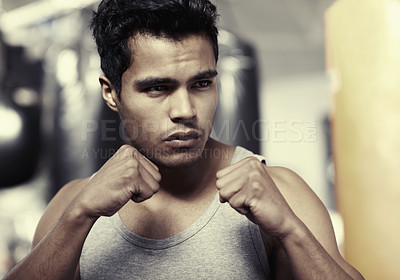 Buy stock photo Man, boxer and training at gym fitness for health, wellness and professional in posture. Strong male trainer, workout and building strength with energy competition, mma and active in sports exercise