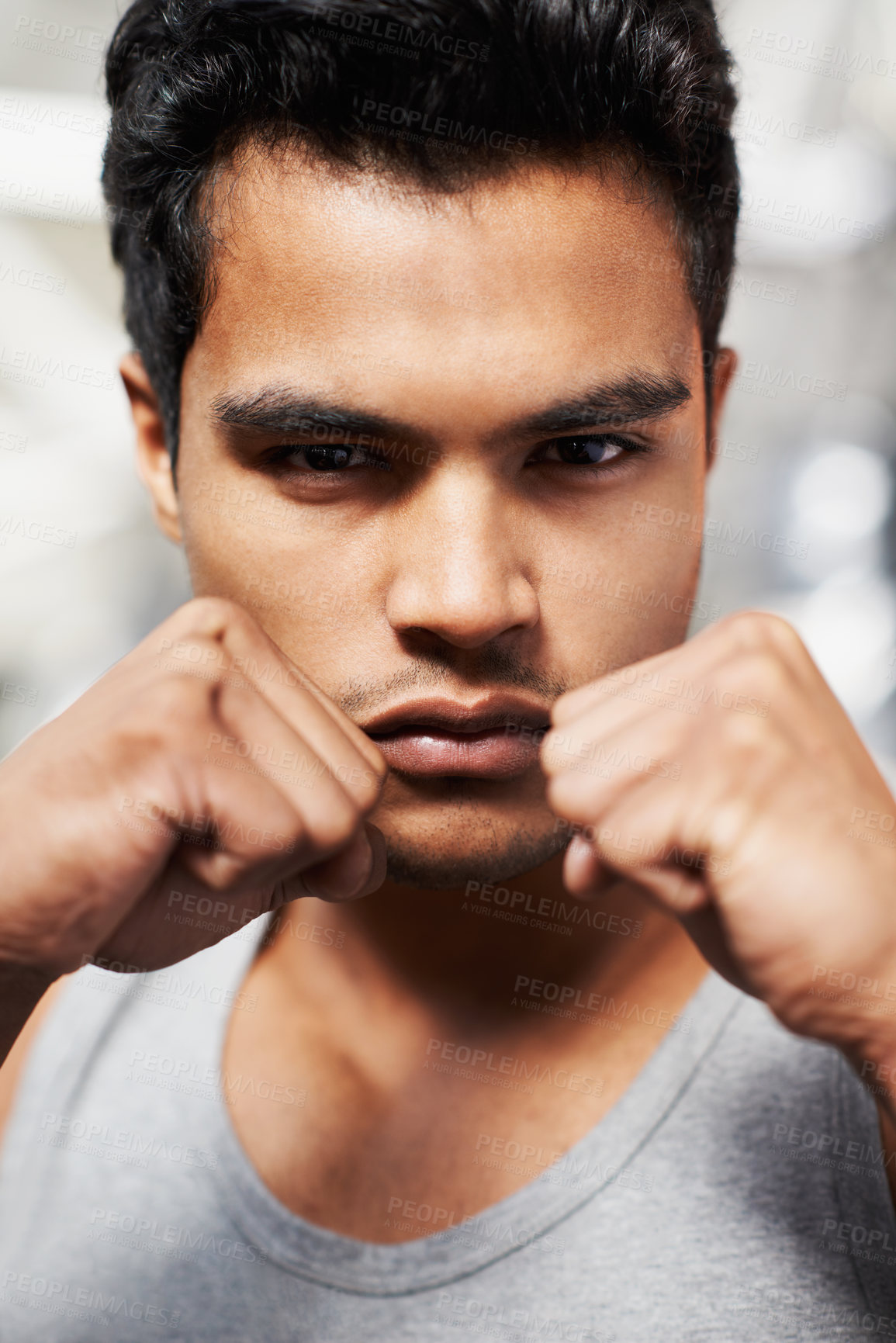 Buy stock photo Man, portrait and boxing with confidence, closeup and fists ready to punch in match for training and exercise. Male person, workout and focus in gym, mma and boxer for sports and combat for defence