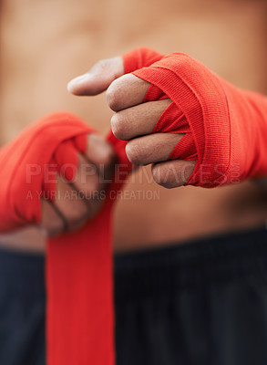 Buy stock photo Closeup, hand and wrap for mma, protection and strength at fitness and workout studio in Thailand. Strap, fist and fingers to bandage and protect for exercise, training and competitive fighting