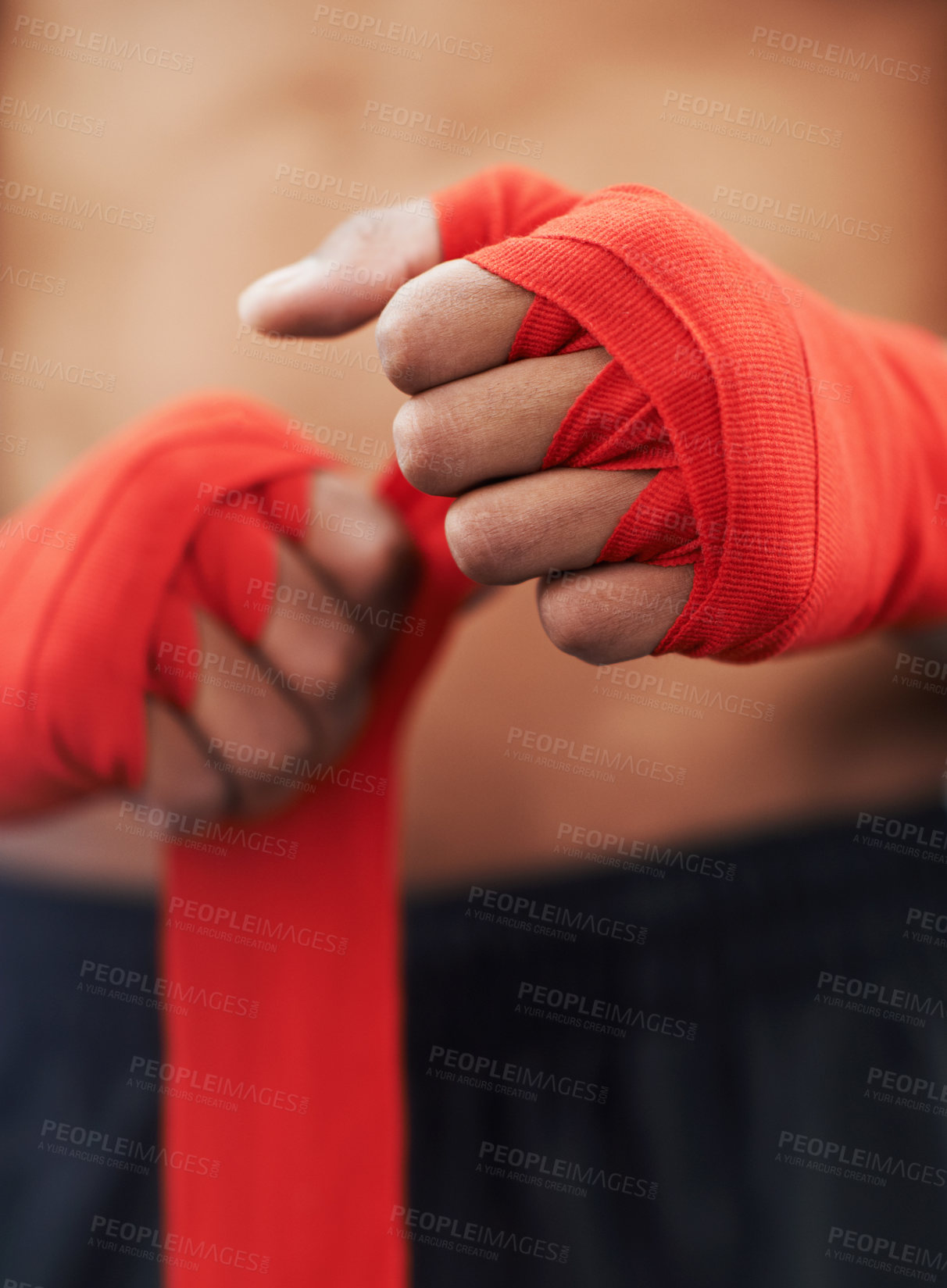 Buy stock photo Closeup, hand and wrap for mma, protection and strength at fitness and workout studio in Thailand. Strap, fist and fingers to bandage and protect for exercise, training and competitive fighting