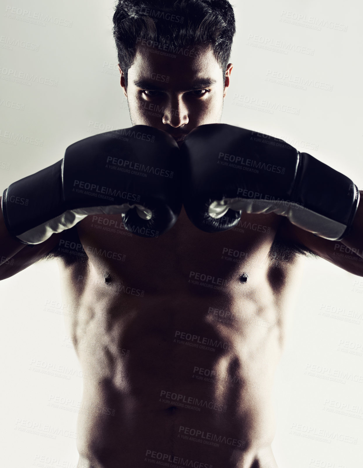 Buy stock photo Portrait, man and boxer in stance for sports, training and workout for body health isolated on white studio background. Fighter, serious face and athlete in gloves for fitness or exercise in Brazil