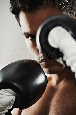 Buy stock photo Portrait, man and boxer in training, sports or workout in stance for body health isolated on a gray background in studio. Fight, serious face and athlete in gloves for fitness, exercise and match