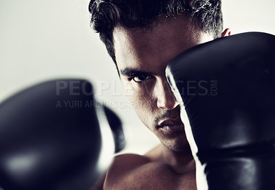 Buy stock photo Portrait, man and boxer in training, exercise and workout for body health isolated on a grey studio background. Fight, serious face and athlete in gloves for fitness, sports and stance in Brazil