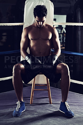 Buy stock photo Workout, man and boxing ring for sports, corner or training for competition in gym for body health. Fighter, strong athlete and serious person with gloves for fitness, exercise and muscle at club 