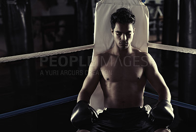 Buy stock photo Corner, man and boxing ring for sports, resting or training  for competition in gym for body health. Fighter, athlete and serious person with gloves for fitness, exercise or muscle with eyes closed