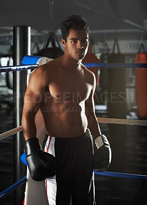 Buy stock photo Male boxing athlete, gym and portrait for fitness, exercise and wellness in strong training for confidence to fight. Man, sport and boxer in workout, challenge and shirtless ready to punch for mma