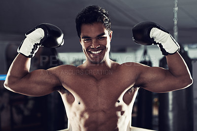 Buy stock photo Boxer, portrait and gym with flex, boxing ring and smile for workout or training. Man, exercise and fitness for health, wellness and achievement or winning with celebration for professional fight