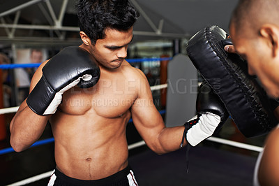 Buy stock photo Fitness, sports and fighter in gym with coach for training, self defense or combat training. Exercise, workout or boxing with shirtless man and personal trainer in preparation for competition