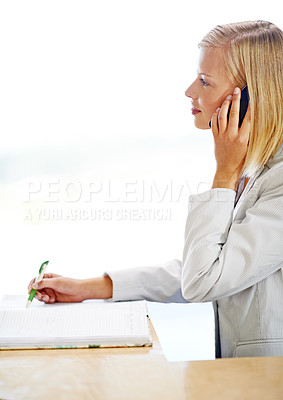 Buy stock photo Woman, phone call and receptionist writing notes, listening and talking to contact. Cellphone, notebook and female secretary thinking, booking schedule or conversation and business mockup.