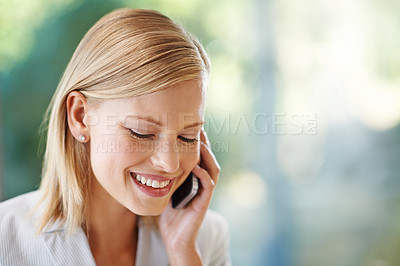 Buy stock photo Smile, phone call and business woman listening, speaking and talking with mockup. Cellphone, communication and female professional or entrepreneur networking, conversation and discussion outdoor.