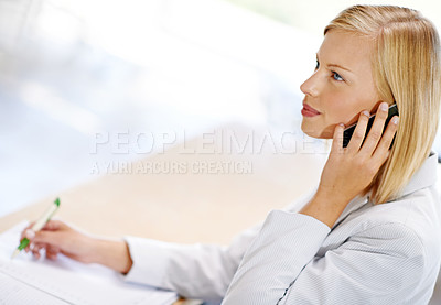 Buy stock photo Woman, phone call and secretary taking notes, thinking and listening with mockup. Cellphone, notebook and female receptionist writing, booking appointment and business schedule in office top view.