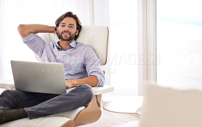 Buy stock photo Businessman, portrait and relax in chair with laptop for reading research on investment in home office. Happy, investor and smile with report on computer or online communication with email or contact