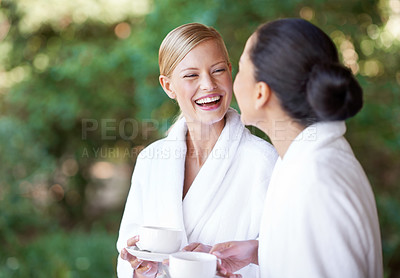 Buy stock photo Spa, friends and happy women drinking coffee for health, wellness and skincare treatment. Girls, tea cup and salon for beauty, luxury body therapy in bathrobe and diverse people laughing in nature