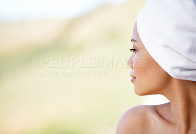 Buy stock photo Woman, thinking and spa with towel outdoor with calm and peace from beauty and skincare treatment. Mockup, hotel and wellness with skin, glow and wellbeing at resort with facial and cosmetics care