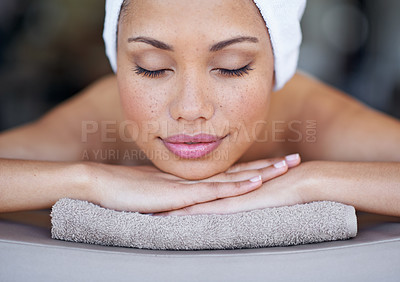 Buy stock photo Spa, woman and sleeping on massage bed with smile for wellness, zen and beauty treatment for body care. Person, relax and physical therapy at resort, salon table and luxury on holiday or vacation