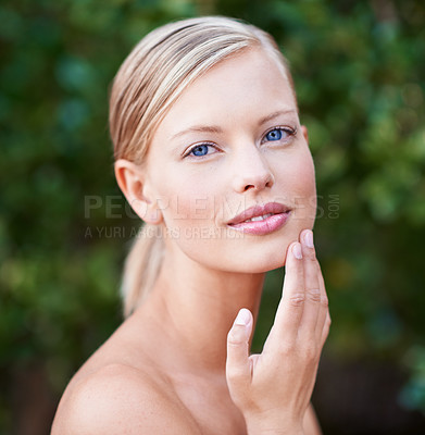 Buy stock photo Woman in portrait outdoor, face and beauty with skin glow, natural cosmetics and skincare with wellness. Female model, dermatology and cosmetic care, facial spa treatment with hygiene and grooming