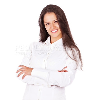 Buy stock photo Businesswoman, portrait and smile with confidence in studio as financial consultant for investment, finance or accounting. Female person, face and white background in London, legal advice or mockup