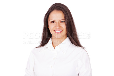 Buy stock photo Businesswoman, portrait and corporate confidence in studio as financial consultant for investment, finance or accounting. Female person, face and white background in London, legal advice or mockup