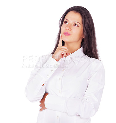 Buy stock photo A young businesswoman looking thoughtful while isolated on white