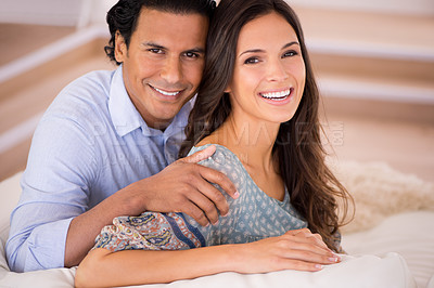 Buy stock photo Relax, smile and portrait of couple on sofa for weekend bonding, romance and connection in home. Love, support and trust in marriage, happy man and woman on couch with embrace, wellness and embrace.