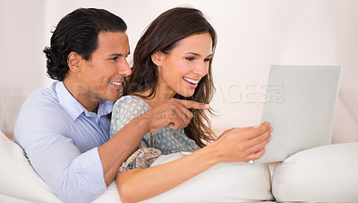 Buy stock photo Relax, smile and couple on sofa with laptop for internet, browse and search for movie subscription. Social media, happy woman and man on couch together for online streaming, love and entertainment