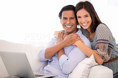 Buy stock photo Portrait, hug and couple on sofa with laptop for internet, browse and search for movie subscription. Relax, happy woman and man on couch together on app for online streaming, love and entertainment