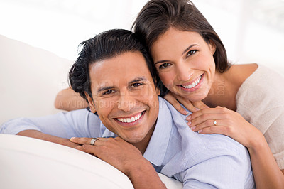 Buy stock photo Relax, embrace and portrait of happy couple on sofa for weekend bonding, romance and connection in home. Love, support and trust in marriage, man and woman on couch with hug, wellness and smile.